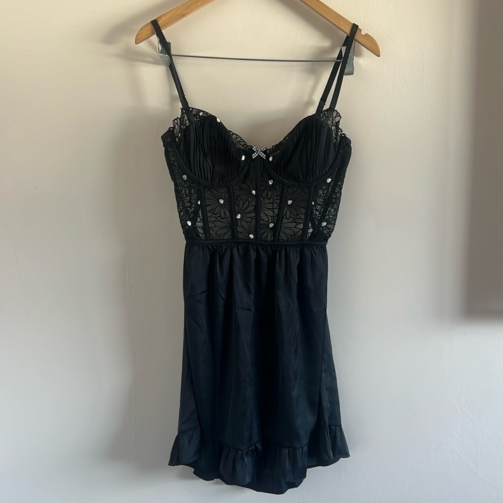 For Love & Lemons Black Floral Lace Slip Dress NWT Lingerie Style Mini